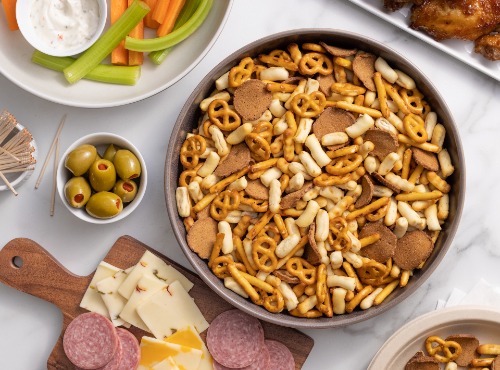 Gardettos in a bowl on a snack table